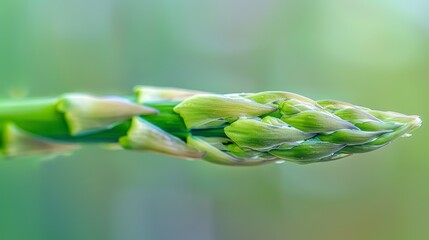 a single fresh raw asparagus spear, highlighting its delicate texture and intricate details. The spear is gently curved, with tiny scales running along its length. 