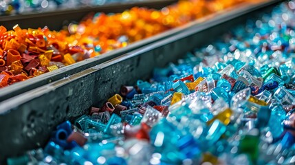 High Speed Conveyor Belt in Recycling Factory with Plentiful Plastic Bottles. Sustainability Eco-friendly concept. Generative ai