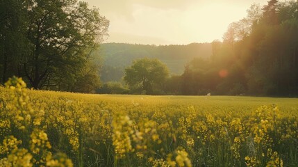 Obraz premium A scenic summer view of a blooming rapeseed field beside a forest