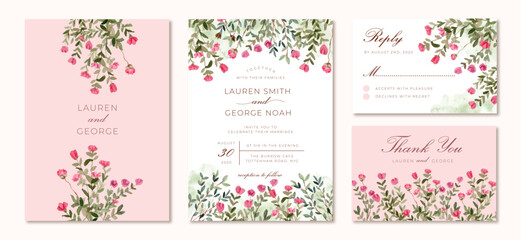 wedding invitation set with pink green floral watercolor border © wulano