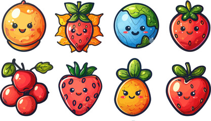 Vibrant Collection of Retro Fruit Cartoon Stickers - Summer Vector Illustration of Cherry, Strawberry, Banana, and Watermelon