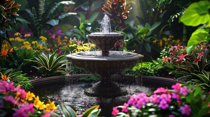 A garden with a small fountain surrounded by vibrant flowers.