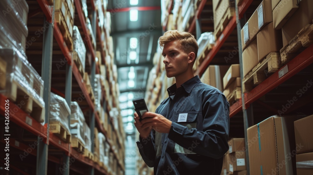 Poster professional project manager hands walking and checking product at warehouse. start up business man 