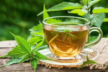 Herbal tea infusion with fresh green leaves in a glass cup