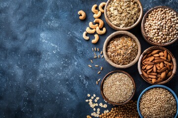 Assorted healthy whole grains and nuts on a textured background