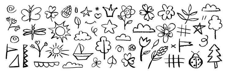 Black charcoal doodle elements and squiggles in childish style.Crayon sketch drawing isolated on white background.Collection of butterfly,tree, leaves, squiggles, stripes,flower freehand illustration