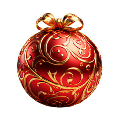 AI art showcases a red Christmas ornament with a stunning bow and gold design, isolated on white background