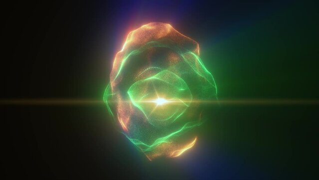 Yellow green energy magic sphere round high-tech digital ball core of light rays waves lines and energy particles. Abstract background