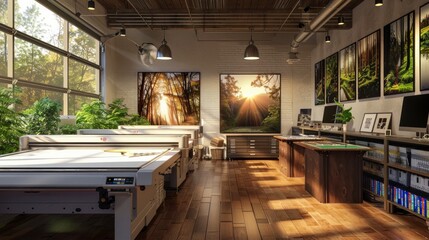 large format inkjet printer in printshop interior on wood floor, printing artwork