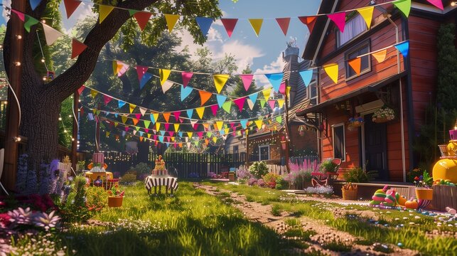 A neighborhood block party with reusable decorations.