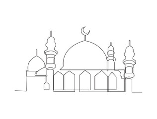 Continuous line drawing of muslim mosque can use for ramadan and ied mubarak event. Vector illustration