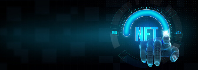 NFT Non-fungible token digital crypto on virtual screen. 3d illustration