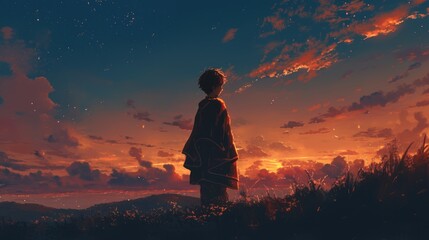 Obraz premium Picture a young boy framed by the darkness of the night standing still under the sky s blanket