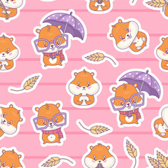 Seamless pattern with cute cartoon hamster characters on pink background with spikelets. Vector illustration. Funny kawaii animal character. Kids collection