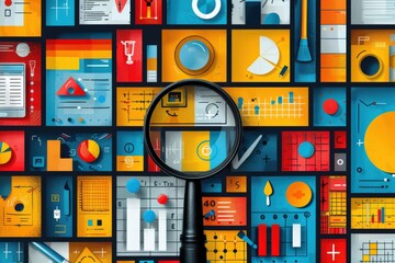 A vivid collage of various analytics and data graphics with a magnifying glass overlay
