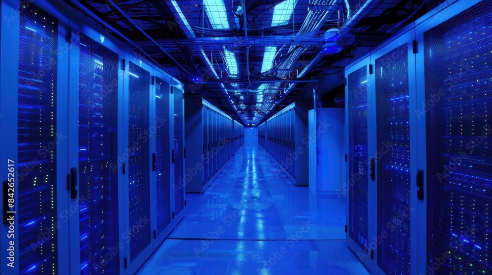 Wall mural server room hallway of data storage center technology on the blue theme. ai generated image