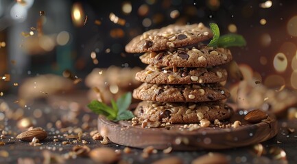A Stack of Chocolate Chip Cookies With Mint and Almonds