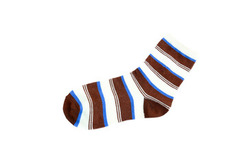 Striped sock with Brown, Blue and white isolated on white background, Striped cotton sock