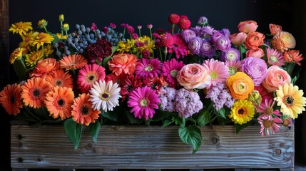 Fototapeta premium Colorful Flower Arrangement in Wooden Crate Against Dark Background
