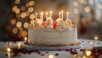 Birthday Cake With Red Candles and Confetti