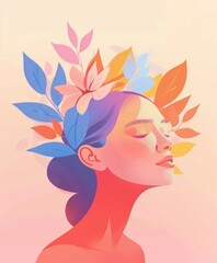 Woman with flowers in hair holding a flower beauty and nature inspired fashion portrait illustration