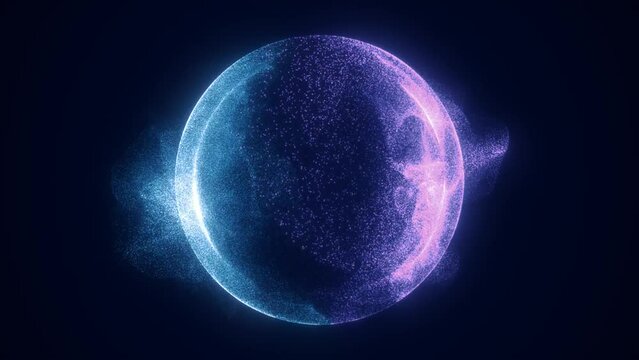 Abstract purple bright glowing background with a sphere core atom energy burning ball circle made of waves of energy rays