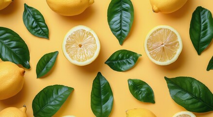 Fresh Lemons and Green Leaves on Yellow Background