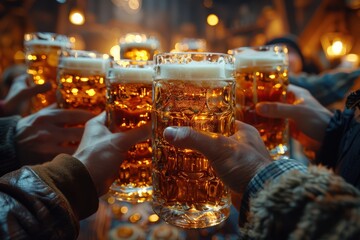 Obraz premium Close-up of hands cheerfully toasting with beer mugs in a cozy pub setting, evoking warmth and celebration