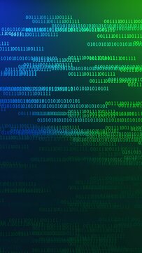 Abstract binary background. Numbers 0,1 display on device screen. Digital technology, cyber reality and big data concept. 4K vertical video animation 3d rendering.