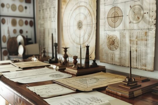 A collection of vintage maritime navigation tools and maps displayed on a wooden desk, with a focus on historical exploration