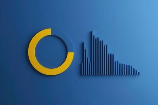 A modern and minimalist representation of a pie chart and bar graph in blue and yellow against a navy background