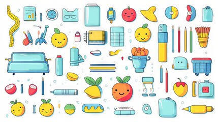 Back to school collection of cute and colorful supplies for children, featuring flat cartoon style illustrations of notebooks, pencils, backpacks, and other classroom essentials