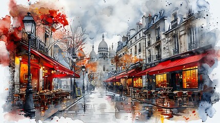 Obraz premium Paris street scene with cafes and shops