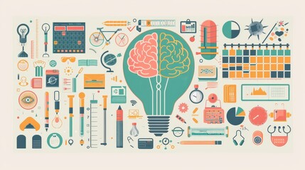 Obraz premium Artistic depiction of various educational and creative tools around a central brain lightbulb concept