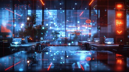 Fototapeta premium Modern neon cyberpunk open space office interior blurred with information technology overlay
