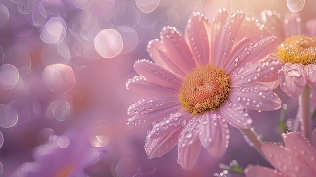 Soft pink daisy blossom with a yellow center on a floral backdrop Delicate Marguerite flower with damp slender petals and droplets of water Violet toned background