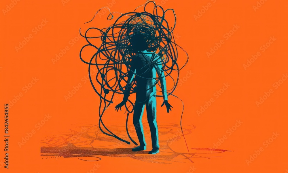 Poster man standing in front of tangled wires on orange background symbolizing technological progress and i