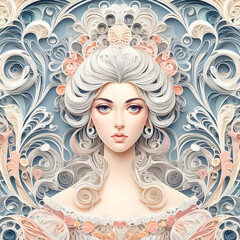 Illustration eines eleganten Frauenporträts im Quilling-Stil. Die Frau hat wunderschön gestaltetes, fließendes Haar, das mit floralen und ornamentalen Mustern verziert ist. 