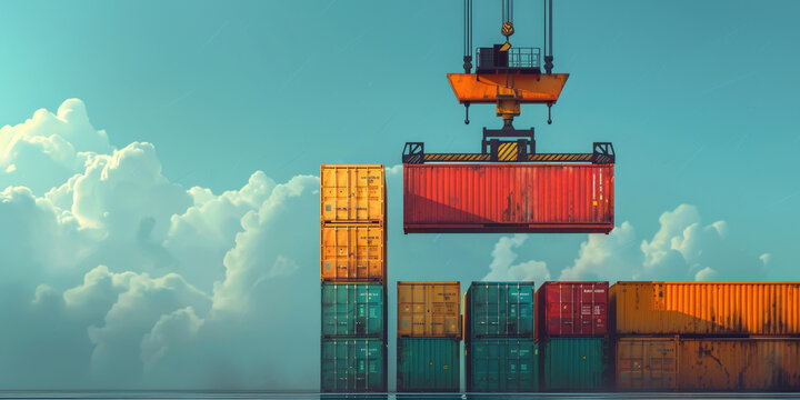 Container yard with a crane lifting a shipping container, surrounded by stacks of colorful containers. The bustling port environment showcases logistics, transportation, and global trade