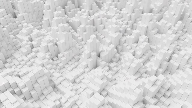 Ripples on grid of white blocks abstract background. Loop of waves of square columns. Voxel noise backdrop.