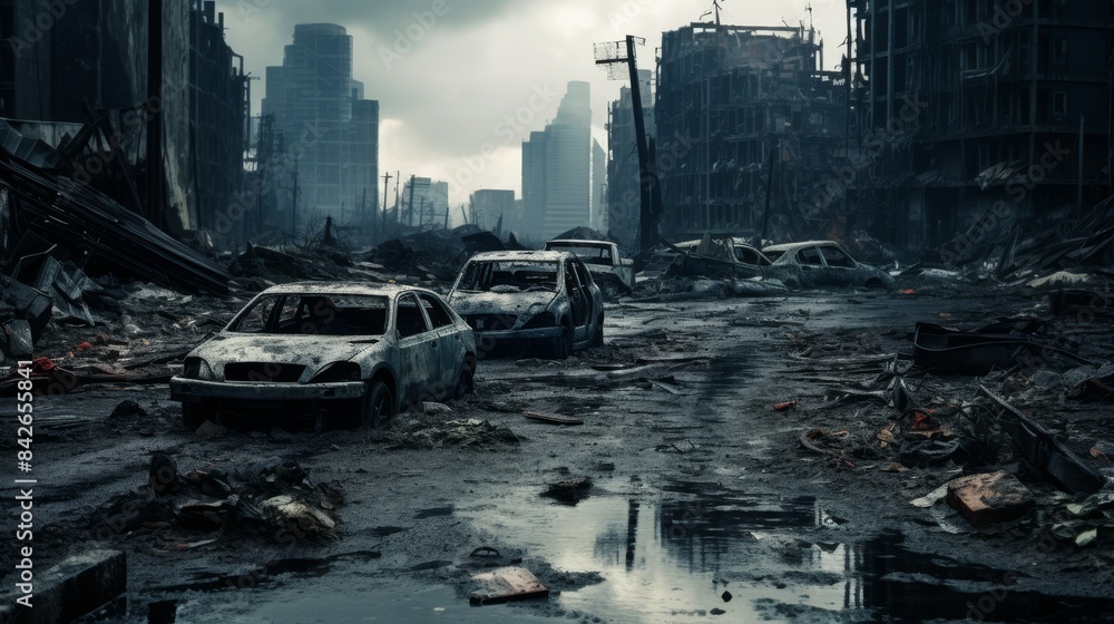 Wall mural A car is in the middle of a destroyed city. The car is old and rusted. The city is in ruins and the sky is cloudy