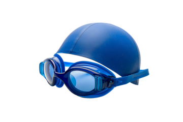Swimming cap and goggles for water sport, isolated on transparent background. Protective equipment for underwater visibility, speed and hydrodynamics in aquatic sport competition