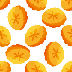 Fototapeta premium Chinese mooncake. Seamless pattern. An Asian pastry traditionally consumed during the Mid-Autumn Festival along with Chinese tea. Background, wallpaper.