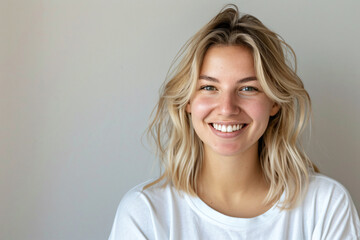 a woman with blonde hair smiling and wearing a white shirt