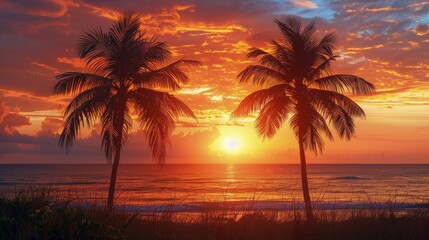 Obraz premium Tropical Sunset Silhouette With Palm Trees on a Beach