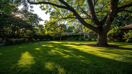 backyard with lawn and big tree