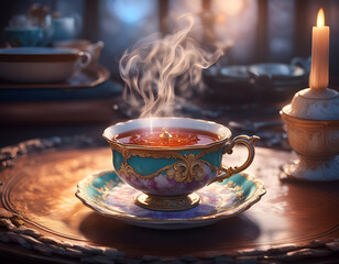 Steaming tea served in a traditional English cup and saucer. Beautiful digital illustration. CG Artwork Background