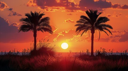 Tropical Sunset Silhouette With Palm Trees on a Beach