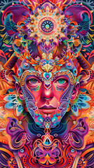 Fototapeta premium Digital Artist Creating Intricate Tantra Designs with Psychedelic 70s Artwork Aesthetic