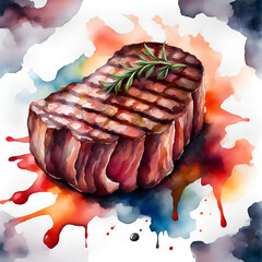 Grilled beef steak with rosemary. Watercolor hand drawn illustration, isolated on white background. cartoon gourmet meat watercolor illustration for menu restaurant